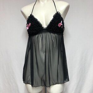 La Senza Love Black & Pink Mesh Baby Doll Lingerie Size Med
